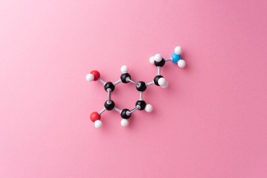Model cząsteczki dopaminy na różowym tle.