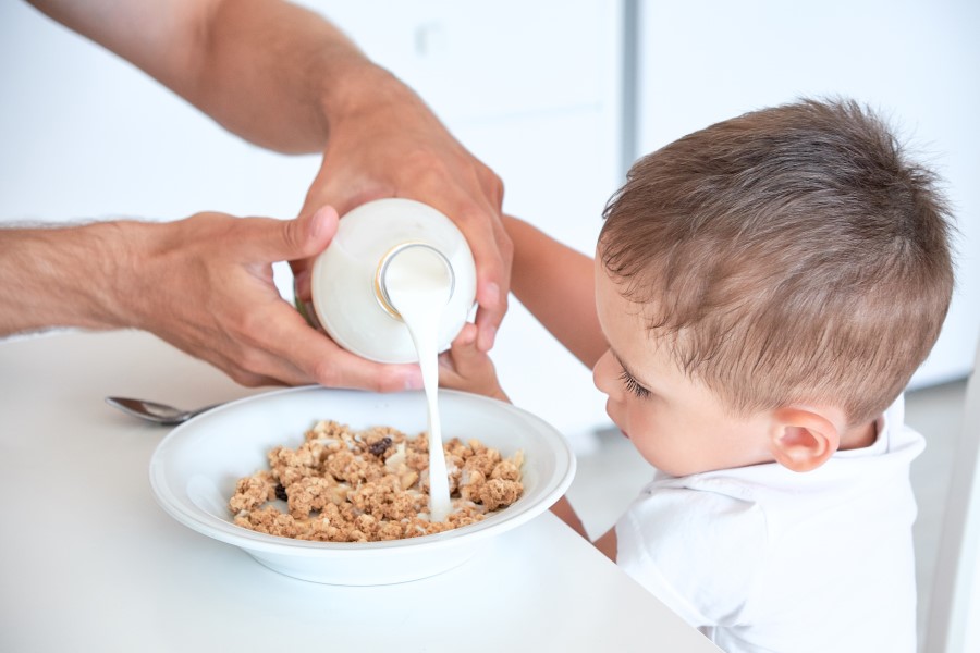 Rodzic przygotowuje dziecku śniadanie - płatki z mlekiem.