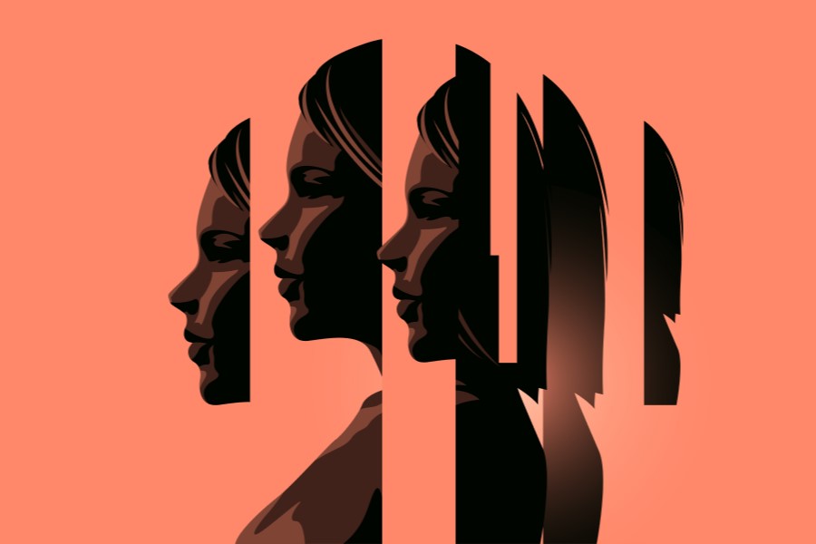 Grafika 2D, twarz kobiety z profilu, podzielona na części jako wizualizacja zaburzeń psychicznych.