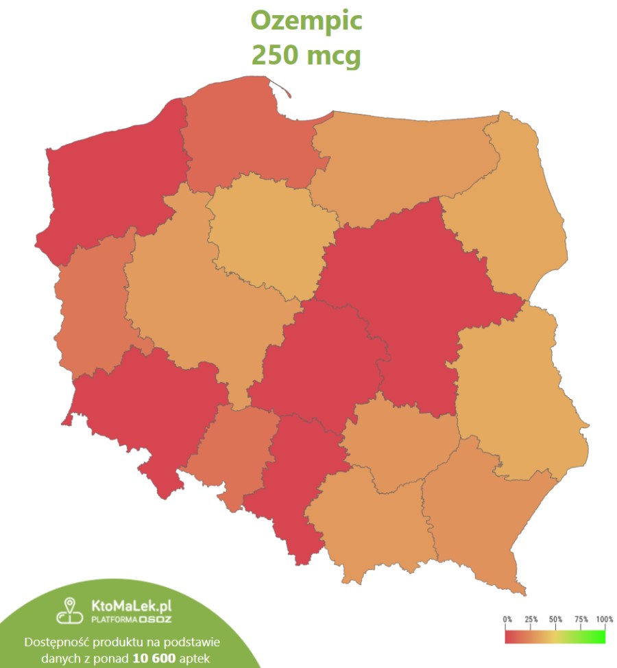 Mapka prezentująca dostępność leku Ozempic 250 na poziomie województw.