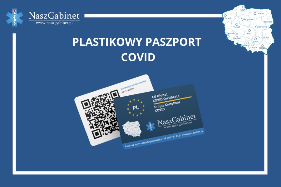 Grafika placówek NaszGabinet reklamująca możliwość zdobycia plastikowego paszportu COVID.