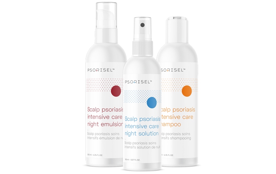 Zdjęcie opakowań kosmetyków Psorisel - szamponu i odżywek.