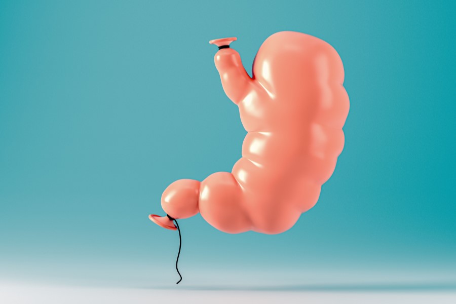 Napompowany balonik w kształcie żołądka, symbolizujący wzdęcia brzucha.