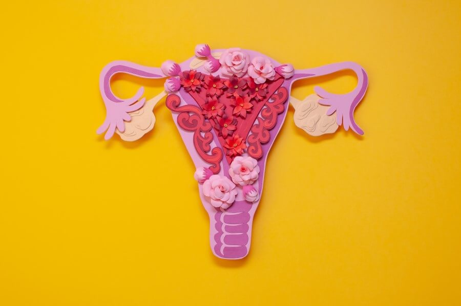Papierowy model macicy na żółtym tle, koncept obrazujący endometriozę.