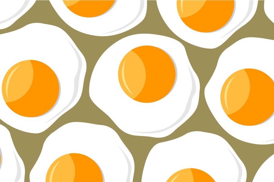 Grafika 2D przedstawiająca jajka sadzone na ciemnym tle.