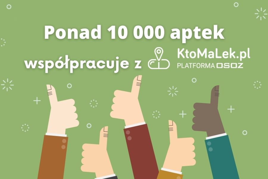 Uniesione w górę kciuki, u góry tekst, że z serwisem KtoMaLek.pl współpracuje już ponad 10000 aptek.