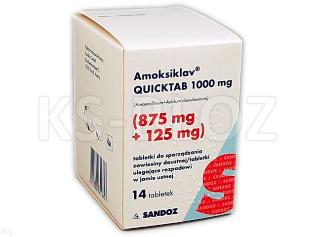 Amoksiklav Quicktab 1000 mg interakcje ulotka tabletki do sporządzania zawiesiny doustnej/tabletki ulegające rozpadowi w jamie ustnej 875mg+125mg 14 tabl. | (7 blist. po 2 tabl.)