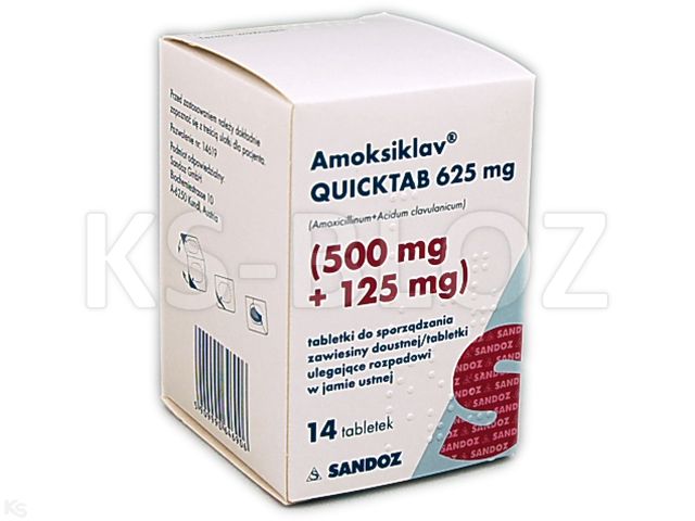Amoksiklav Quicktab 625 mg interakcje ulotka tabletki do sporządzania zawiesiny doustnej/tabletki ulegające rozpadowi w jamie ustnej 500mg+125mg 14 tabl. | (7 blist. po 2 tabl.)