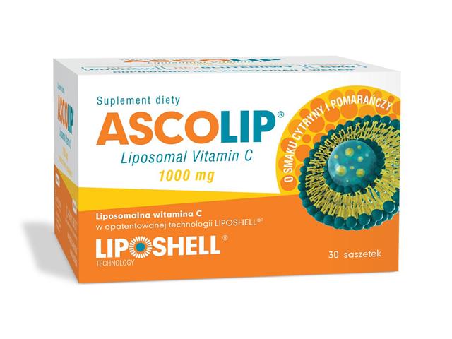 ASCOLIP Liposomal Vitamin C 1000 mg o smaku cytryny i pomarańczy interakcje ulotka żel doustny  30 sasz. po 5 g