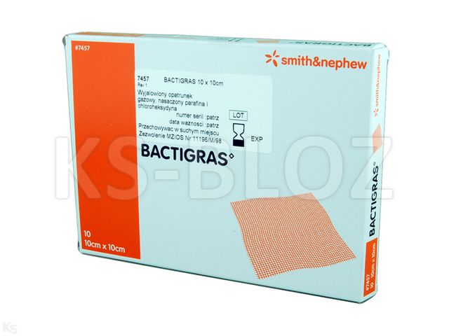 Bactigras Opatrunek gazowy parafinowy z octanem chlorheksydyny 10 x 10 cm interakcje ulotka opatrunek - 10 szt.