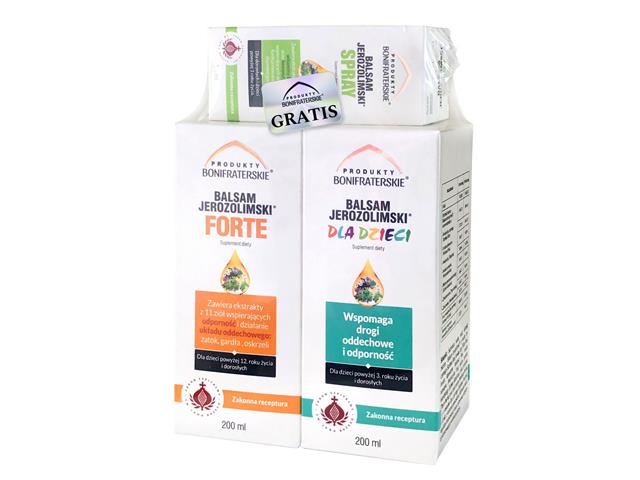 Balsam Jerozolimski Zestaw Dla Dzieci + Forte + Spray interakcje ulotka zestaw  200 ml (+ 200 ml + 30 ml)