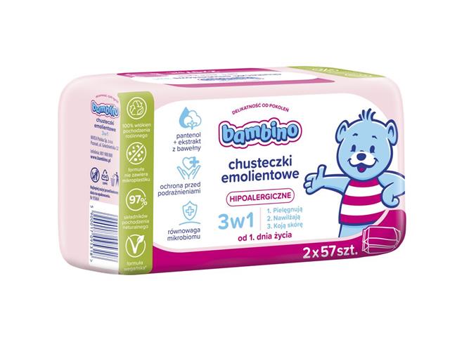 Bambino Chusteczki hipoalergiczne emolientowe 3w1 od 1. dnia życia dwupak interakcje ulotka chusteczka  2 op. po 57 szt.