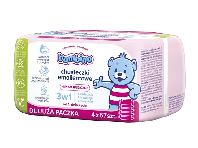 Bambino Chusteczki hipoalergiczne emolientowe 3w1 od 1. roku życia 4-pack interakcje ulotka chusteczka  4 op. po 57 szt.