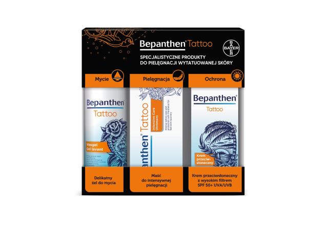 Bepanthen Tattoo triopack Maść do intens. pielęg. + Kr. p/słon. z wysokim filtr. + żel d/myc. delik. interakcje ulotka zestaw - 50 g (+ 50 ml + 200 ml)