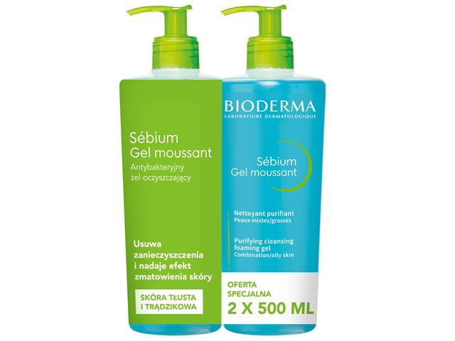 Bioderma Sebium Gel Moussant Żel do mycia antybakteryjny do skóry tłustej, mieszanej duopack interakcje ulotka zestaw  500 ml + 500 ml