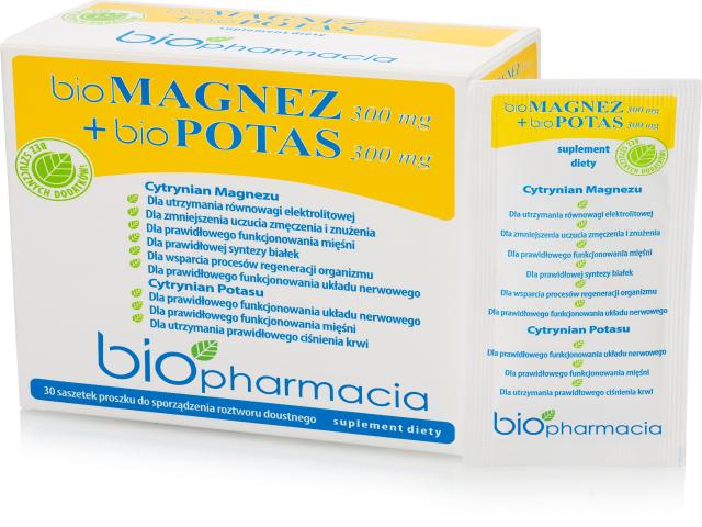bioMagnez 300 mg + bioPotas 300 mg interakcje ulotka proszek do rozpuszczenia - 30 sasz.