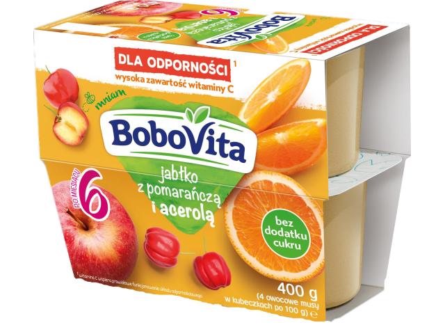 BoboVita Mus owocowy jabłko z pomarańczą i acerolą po 6 miesiącu interakcje ulotka deser - 4 szt. po 100 g