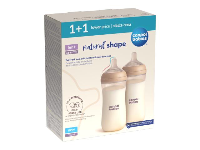 Canpol Babies Natural Shape Butelka antykolkowa 330 ml 402 6 m+ ze smoczkiem dwustrefowym, dwupak interakcje ulotka butelka  2 szt.