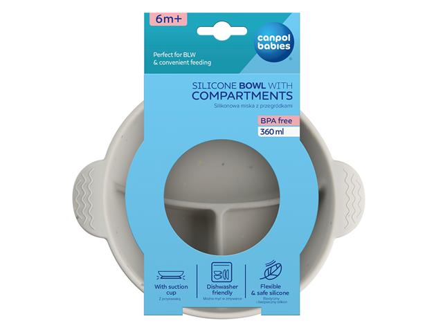 CANPOL BABIES Silikonowa Miska z 3 przegródkami i przyssawką 360ml DOTS 6m+ 51/403_grey interakcje ulotka miska  1 szt.