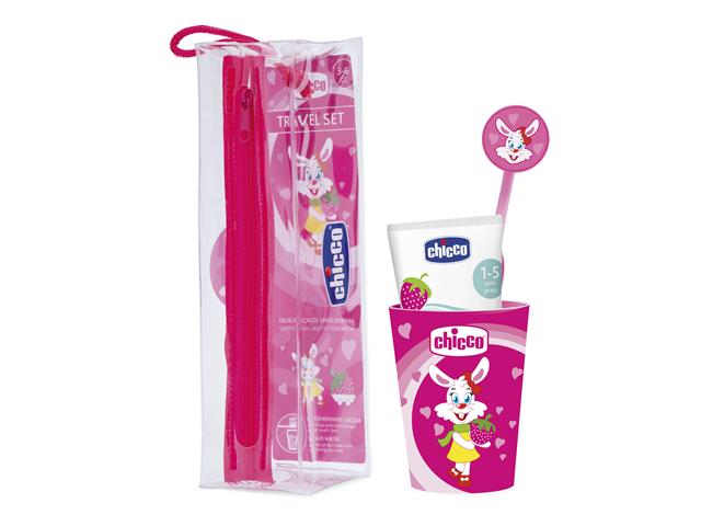 Chicco 00008543110000 Zestaw podróżny pasta szczoteczka d/zębów kubek + Etui różowy 3-6 l interakcje ulotka zestaw - 1 kompl.