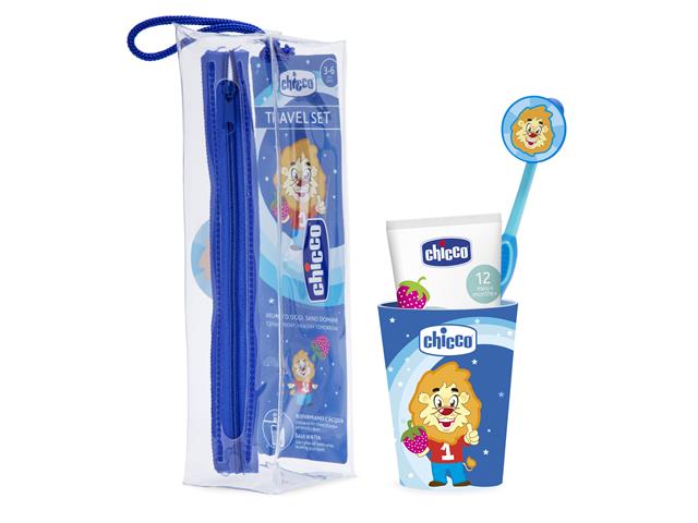 Chicco 00008543220000 Zestaw Podróżny Pasta Szczoteczka do zębów Kubek + Etui niebieski 3-6 l interakcje ulotka zestaw  1 kompl.