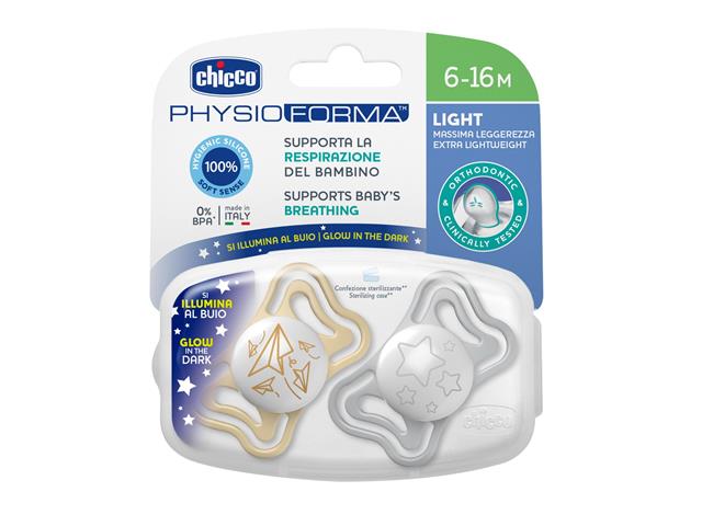 Chicco 00071038410000 Smoczek uspokajający Physioforma Light Lumi silikon.6-16m+ interakcje ulotka smoczek  2 szt.