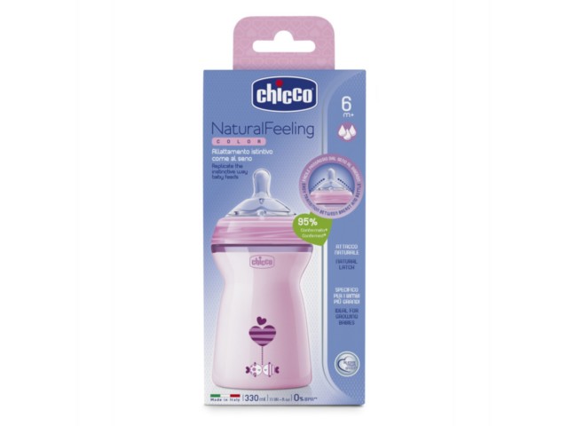 Chicco 00080837110000 Butelka plastikowa Natural feeling 330ml różowa 6m+ interakcje ulotka   330 ml