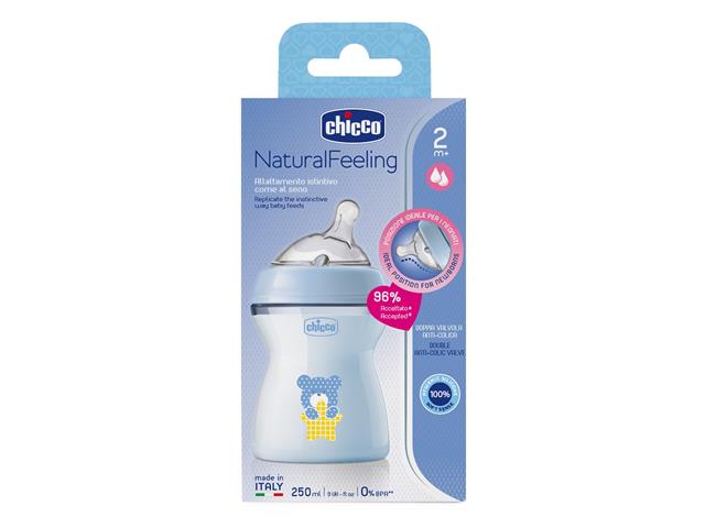 Chicco 00081323200000 Butelka plastikowa Natural Feeling 250 ml niebieska 2m+ interakcje ulotka butelka - 1 szt.