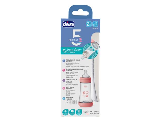 Chicco Perfect5 Butelka antykolkowa 240 ml plastikowa pink 00020223110040 2 m+ interakcje ulotka butelka  1 szt.