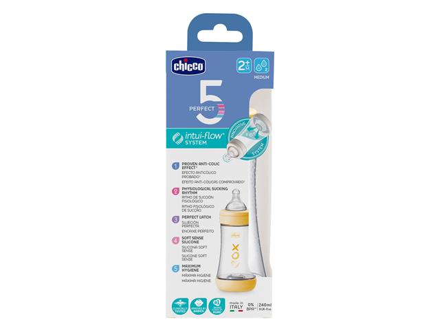 Chicco Perfect5 Butelka antykolkowa 240 ml plastikowa yellow 00020223310040 2 m+ interakcje ulotka butelka  1 szt. (pudeł.)