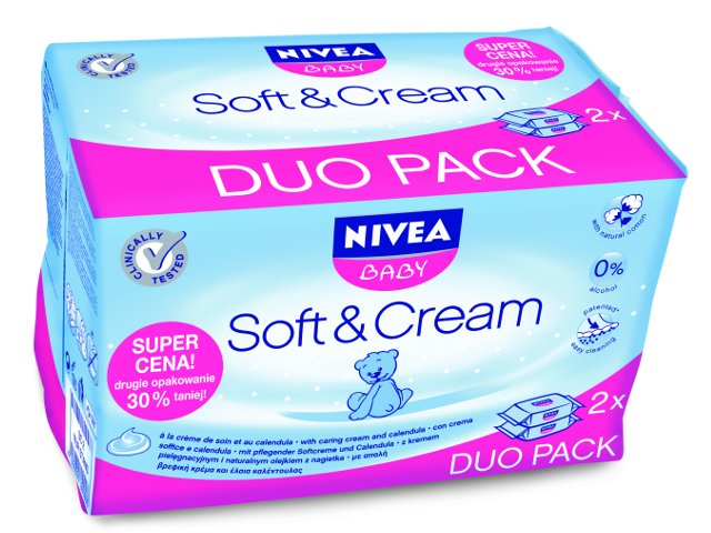 Chust.nawilż. NIVEA BABY SOFT & CREAM duopack wkład interakcje ulotka chusteczka - 126 szt. (2 op. po 63 szt.)