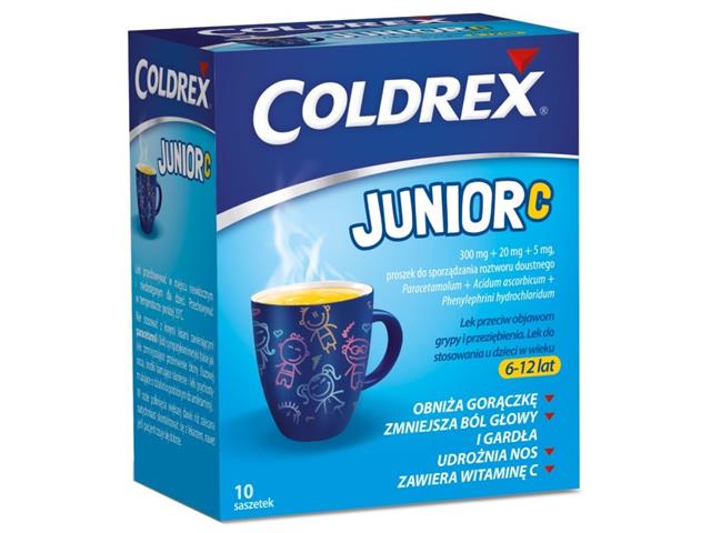 Coldrex Junior C interakcje ulotka proszek do sporządzania zawiesiny doustnej 300mg+20mg+5mg 10 sasz.