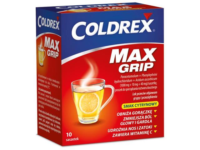 Coldrex Maxgrip smak cytrynowy interakcje ulotka proszek do sporządzania roztworu doustnego (1g+40mg+10mg)/sasz. 10 sasz.