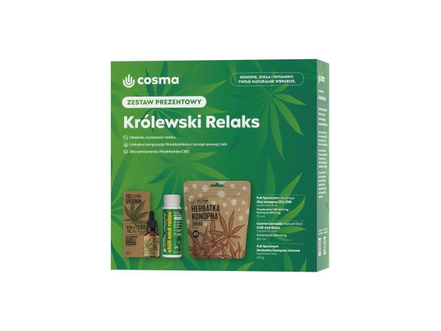 Cosma Cannabis Królewski Relaks Zestaw prezentowy Olej konopny 12% CBD+Chill and Relax+Herbatka interakcje ulotka zestaw  15 ml | + 80 ml + 40 g