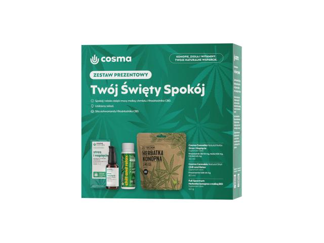 Cosma Cannabis Twój Święty Spokój Zestaw prezentowy Stres i Napięcie+Chill and Relax+Herbatka interakcje ulotka zestaw  30 ml | + 80 ml + 40 g