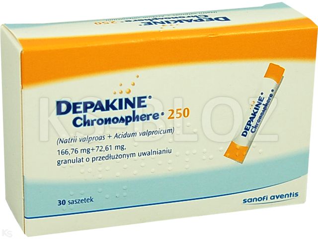 Depakine Chronosphere 250 interakcje ulotka granulat o przedłużonym uwalnianiu (166,76mg+72,61mg)/sasz. 30 sasz.