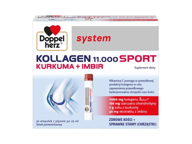 Doppelherz System Kollagen 11.000 Sport smak pomarańczowy kurkuma + imbir interakcje ulotka płyn 30 amp. po 25 ml