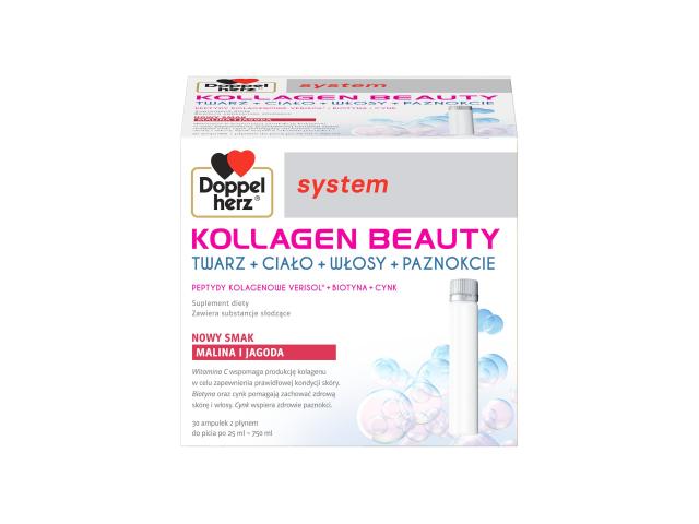 Doppelherz System Kollagen Beauty smak malina i jagoda interakcje ulotka płyn  30 amp. po 25 ml