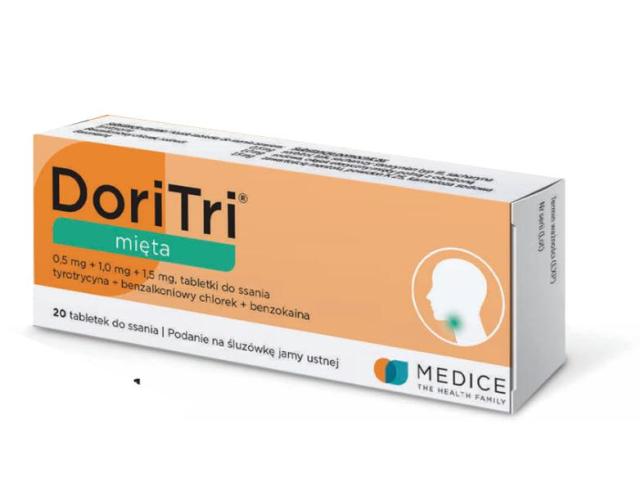 DoriTri Mięta interakcje ulotka tabletki do ssania 500mcg+1mg+1,5mg 20 tabl.