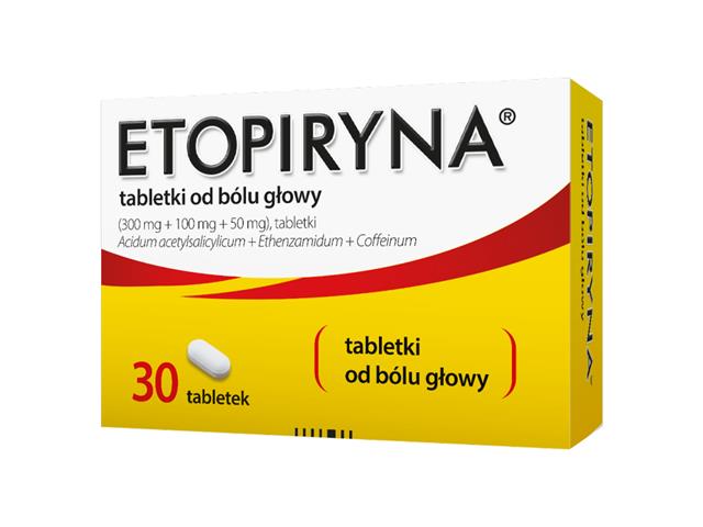 Etopiryna Tabletki od bólu głowy interakcje ulotka tabletki 300mg+100mg+50mg 30 tabl. (5 blist. po 6 tabl.)