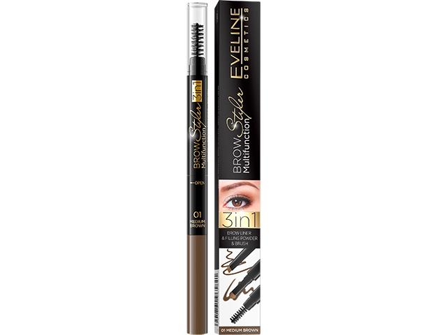 EVELINE COSMETICS BROW STYLER MULTIFUNCTION Kredka do brwi 3w1 01 Medium Brown interakcje ulotka kredka  1 szt.