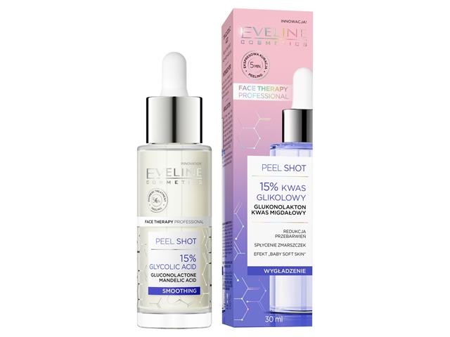 EVELINE COSMETICS FACE THERAPY PROFESSIONAL Peel Shot Kuracja 15% kwas glikolowy Wygładzenie interakcje ulotka kuracja  30 ml