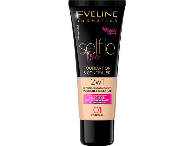 EVELINE COSMETICS SELFIE TIME Kryjąco-nawilżający Podkład i Korektor 2w1 nr 01 Porcelain interakcje ulotka podkład do twarzy - 30 ml
