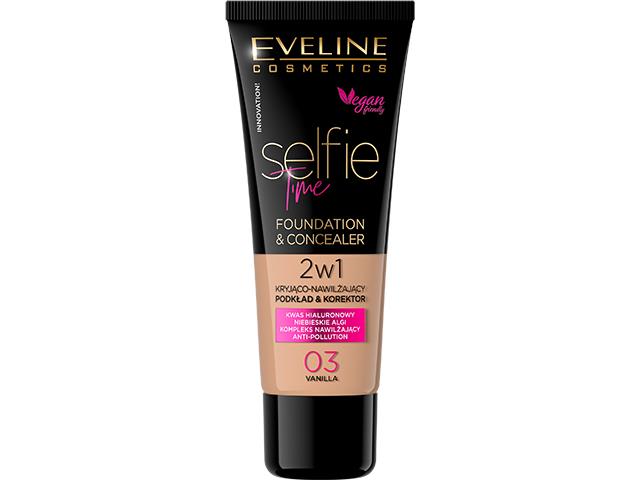 EVELINE COSMETICS SELFIE TIME Kryjąco-nawilżający Podkład i korektor 2w1 nr 03 Vanilla interakcje ulotka podkład do twarzy  30 ml