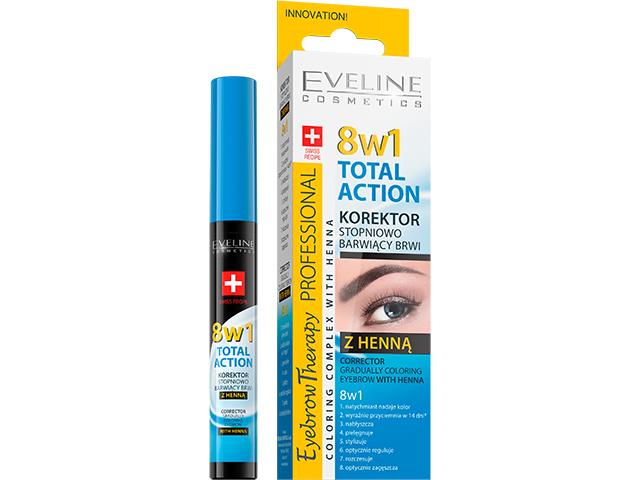 EVELINE COSMETICS TOTAL ACTION Korektor stopniowo barwiący brwi 8w1 z henną interakcje ulotka korektor - 10 ml
