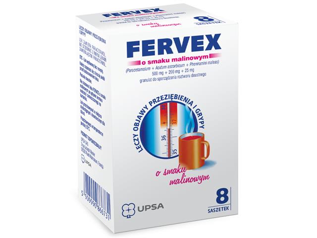 Fervex o smaku malinowym interakcje ulotka granulat do sporządzania roztworu doustnego 500mg+200mg+25mg 