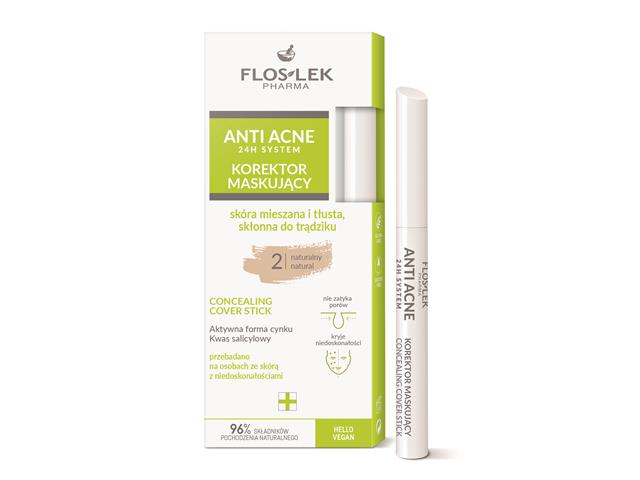 FLOS-LEK PHARMA ANTI ACNE 24H SYSTEM Korektor maskujący naturalny 2 sk.miesz. i tłusta skł.do trądz. interakcje ulotka sztyft  1 szt.