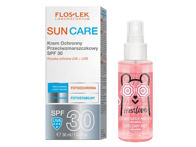 FLOS-LEK SUN CARE Krem ochronny p/zmarszczkowy SPF 30 + Mistlove Odświeżająca Mgiełka róża peonia interakcje ulotka zestaw - 30 ml + 30 ml