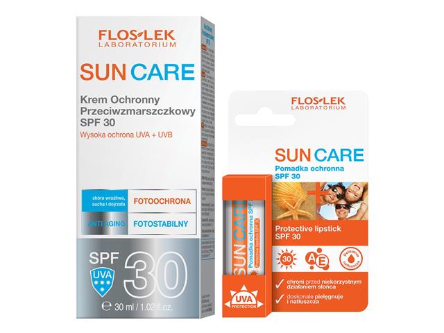 FLOS-LEK SUN CARE Krem ochronny p/zmarszczkowy SPF 30 + Pomadka ochronna do ust z filtrem SPF 30 interakcje ulotka zestaw - 30 ml + 4 g