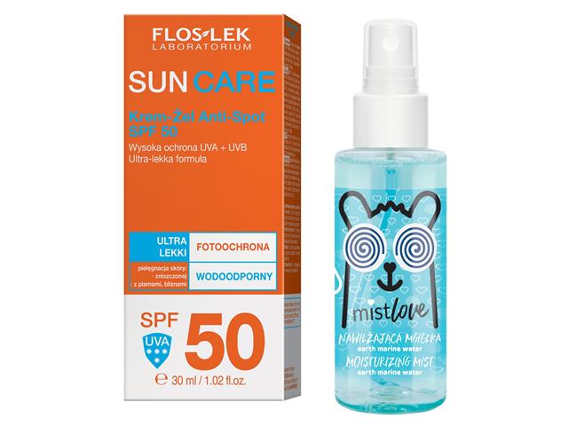 FLOS-LEK SUN CARE Krem - Żel ANTI-SPOT SPF 50 + MISTLOVE Nawilżająca Mgiełka MARINE WATER interakcje ulotka zestaw  30 ml